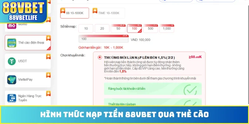 Nạp Tiền 88VBET - Hướng Dẫn Thanh Toán Nhận Ưu Đãi Sốc - SIBK